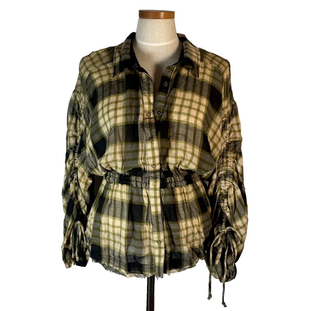 NWT! We The Free People e Pacific Dawn Black Green Plaid Shirt Wool NWT NEW